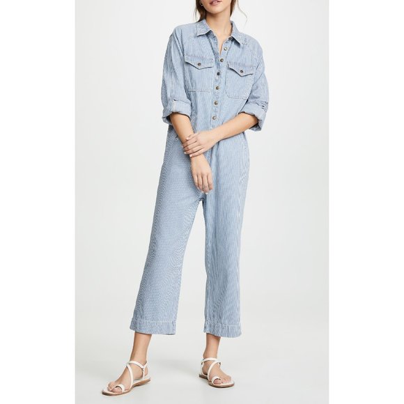 THE GREAT. Pants - The Great The Cropped Boiler Suit Boxcar Stripe F7